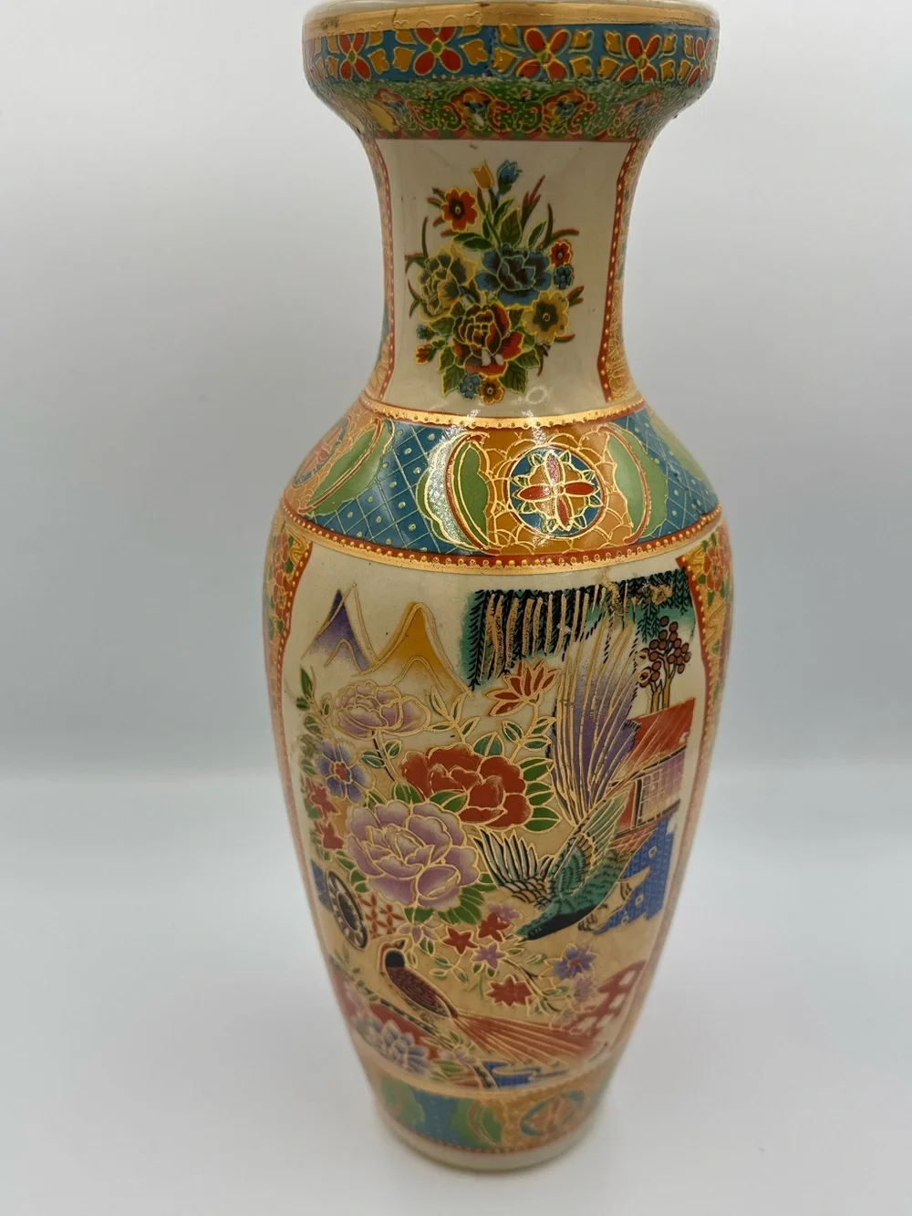 Large Vintage Vase Made in China Asian Bird Flowers Gold Moriage Beautiful